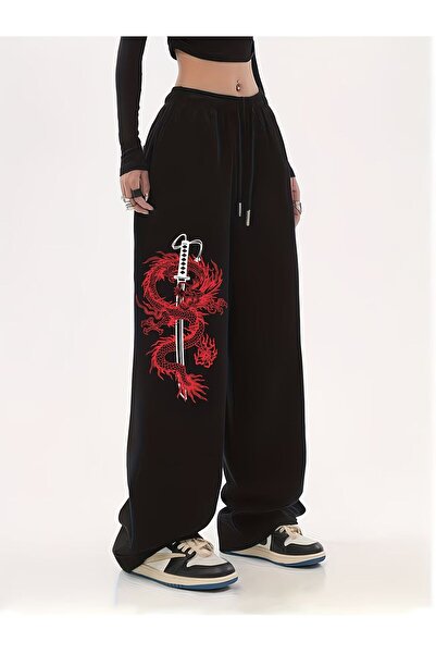 macklin Unisex Dragon Sword Printed Baggy Cut Wide Leg Sweatpants