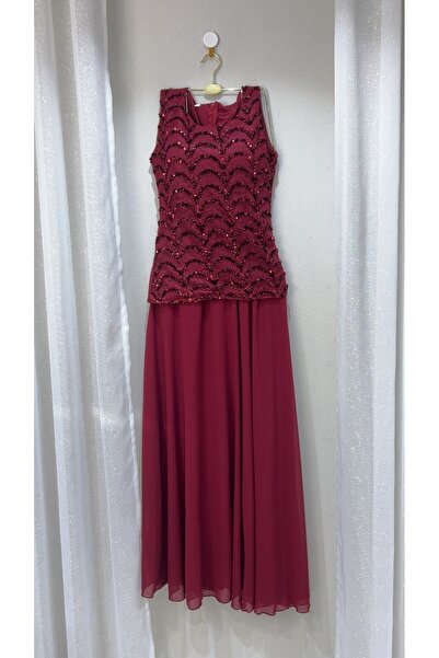 dalaa Chiffon dress with sequined trim, burgundy color