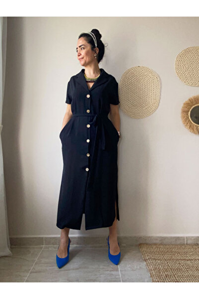 Burcu Özpıranga Ceket Yaka Keten Kuşaklı Elbise