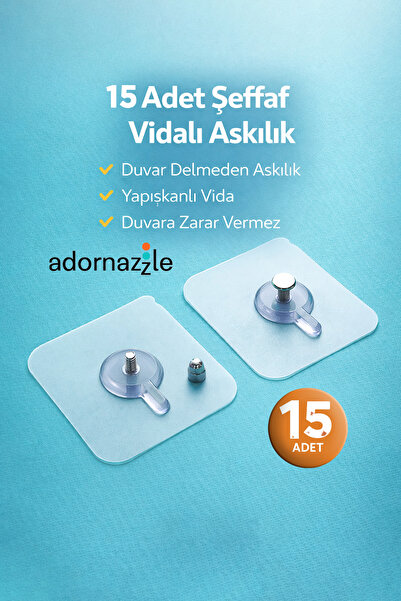 adornazzle 15 Adet Şeffaf Vidalı Askılık, Şeffaf Askılık, Duvar Delmeden Askı...