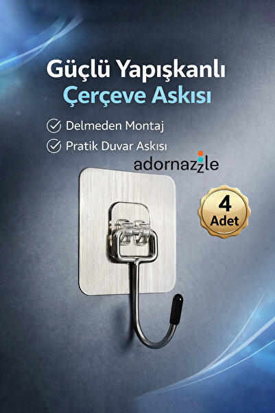 adornazzle 4 Adet Güçlü Yapışkanlı Çerçeve Askısı, Şeffaf Askı, Delmeden Mont...
