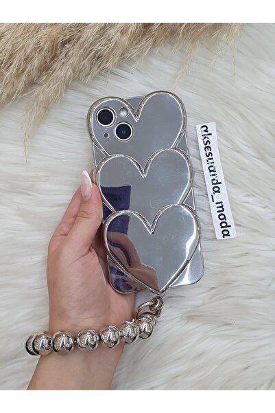 ZB Aksesuarda Moda iPhone 14 Compatible Love Heart Shiny Case with Bead Bracelet