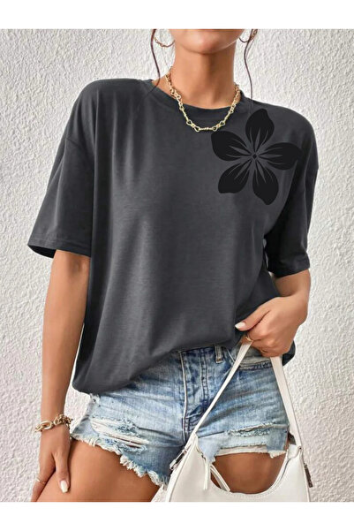 SUNFREE Flower Printed Oversize Crew Neck Combed Cotton Women's Tshirt
