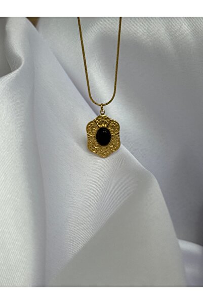 STOLIA Çelik Vintage İşleme Detaylı Siyah Doğal Taş Kolye