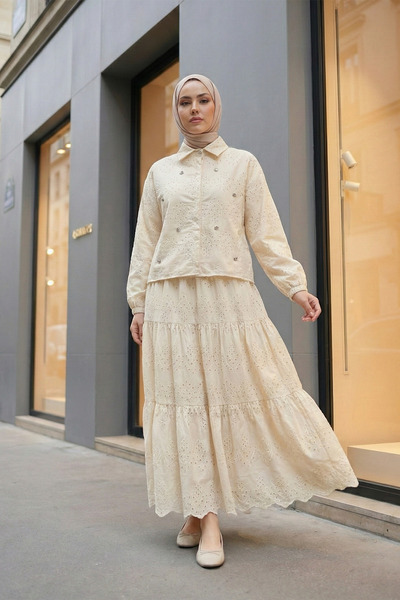 MODAQU Stone Detailed Scallop Shirt Skirt Set - Beige