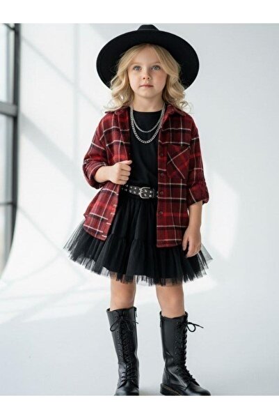 Zekids Kız Çocuk Bordo Ekose Desenli Oduncu Gömlek