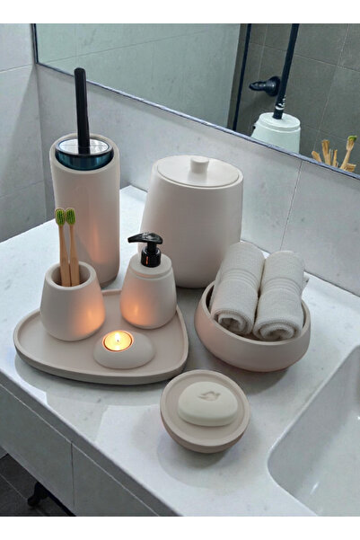 Saule Kırık Beyaz Beton Banyo Seti,Tuvalet WC,Çöp Kovası,Katı,Sıvı Sabunluk,T...