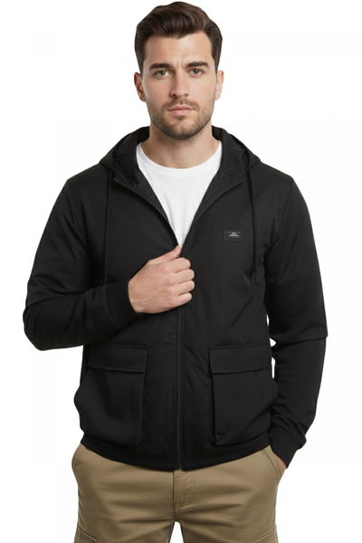 DeepSEA Men's Black Hooded Slim Fit Raincoat Sports Coat – Zipper Closure Poc...