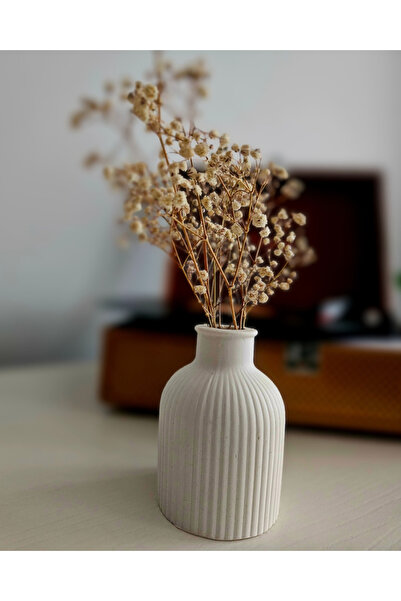 MERIE&CO Minimal Çizgili Taş Tozu Vazo – Modern Dekoratif Beyaz Masa Vazosu