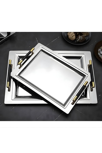 ozbience Mercan Silver Black 2'li Sunum ve Çay Tepsisi Seti