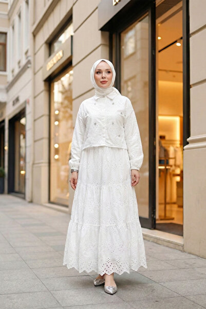 MODAQU Stone Detailed Scallop Shirt Skirt Set - White