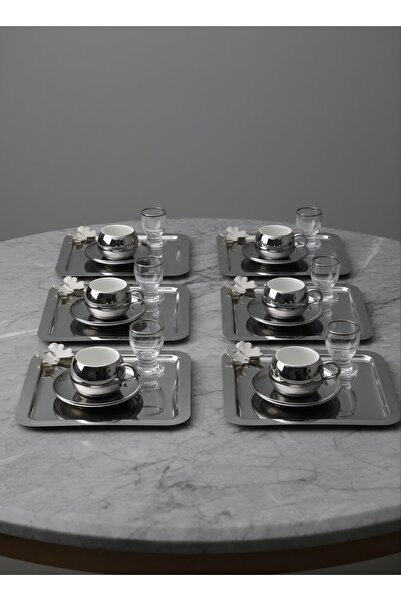 ozbience Paslanmaz Çelik Kare Sunum Tepsisi 6'lı Gümüş ve Kahve Renkli Kelebe...