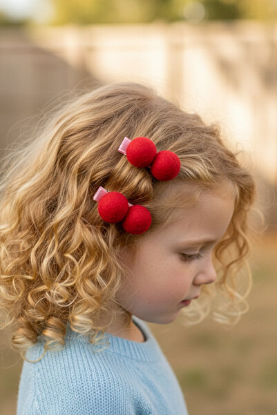 chipiques 2’li Kırmızı Top Keçe Klips Toka Seti – Yumuşak Keçe Ponpon Saç Tokası