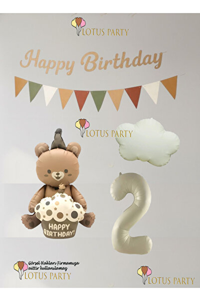 LOTUS PARTY Retro Happy Birthday Yazılı Ayılı Balon Set - Rertro Bulut - Retr...