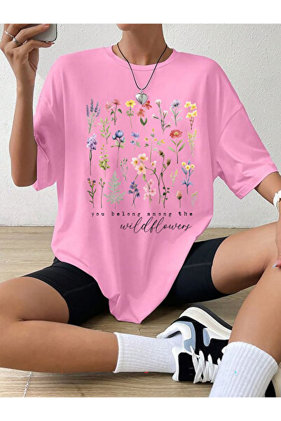 SUNFREE Flower Frame Printed Cotton Combed Short Sleeve Oversize Women's Tshirt