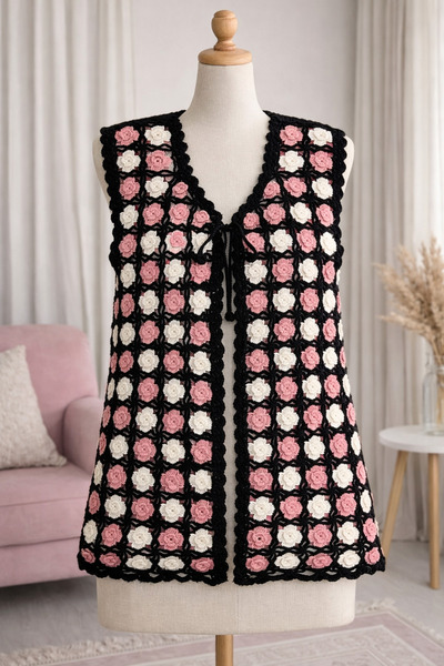 henaabag Çeyizlik El Örgüsü Yelek, çiçek motifli tığ işi yelek