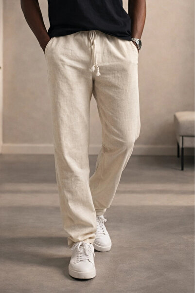 Edwox Men's Linen Look Cotton Trousers Beige Cd159