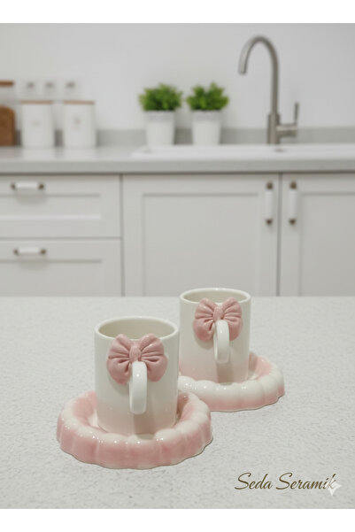 seda seramik El Yapımı Pembe Fiyonk Tasarım 4 Parçalı 2 Kişilik Kahve Fincan ...