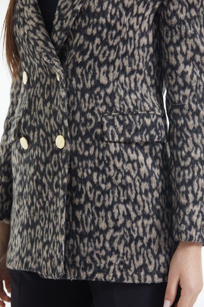 ceyniye Leopard Double-Breasted Tweed Jacket with Gold Buttons