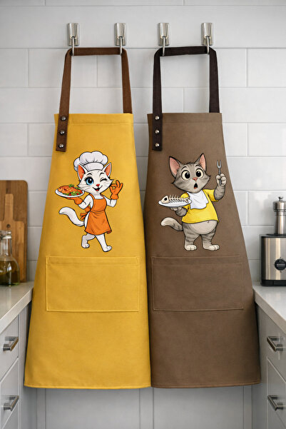 ozbience Leke Tutmaz Su Geçirmez Mutfak Önlükleri Çift Set, Şef ve Kedili Tas...