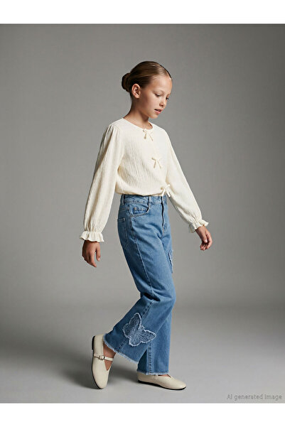 LC Waikiki Pantaloni din denim pentru fete, cu picior larg și broderie, Spark...