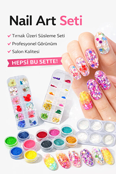 RONIKI Profesyonel Nail Art Seti | Kuru Çiçek, Pul, Sim & Neon Pigment | Salo...