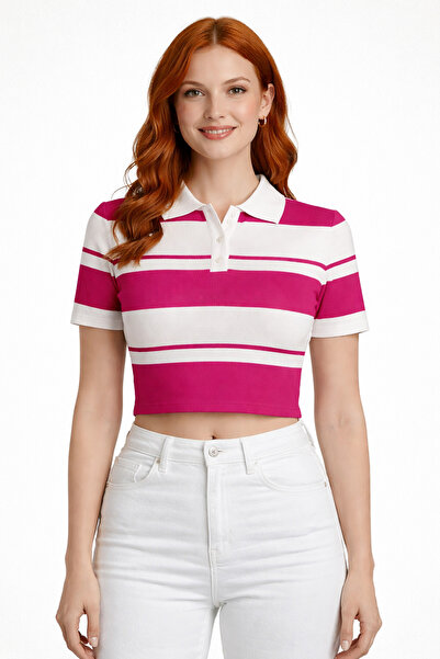 Neden Tekstil Striped Polo Collar Buttoned Knitwear Crop Blouse