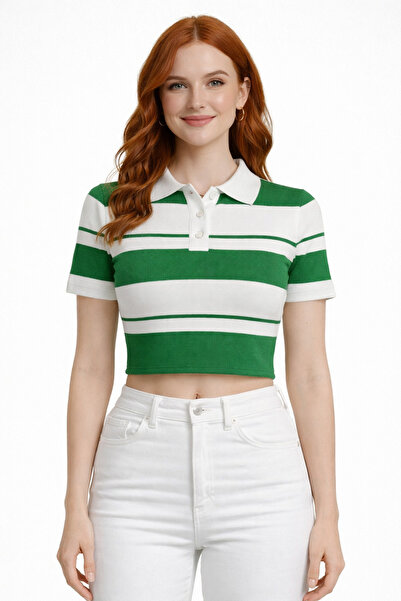 Neden Tekstil Striped Polo Collar Buttoned Knitwear Crop Blouse