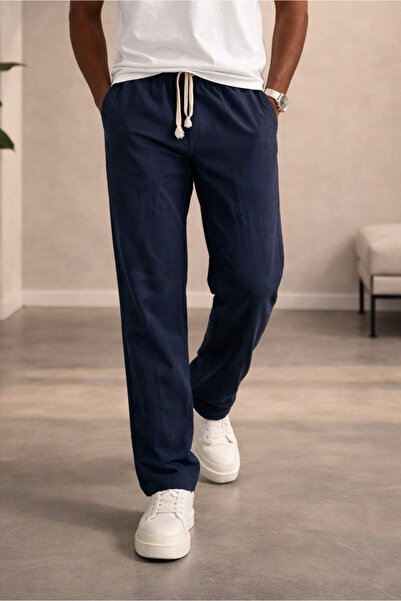 Edwox Men's Linen Look Cotton Trousers Navy Blue Cd159