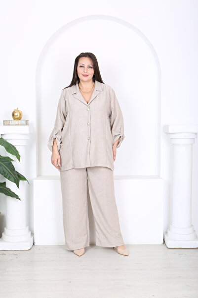 XL Modam Jachetă și pantaloni din in pentru femei, set mărime mare