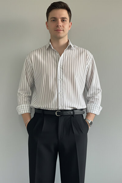 MENOFOURSWEAR Men's Old Money Oversize Striped Linen Shirt