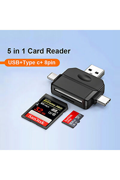 Go-Des قارئ ذاكرة 5 في 1 متعدد المنافذ 5-in-1 Card Reader USB + Type C + Lightning + SD + Micro SD