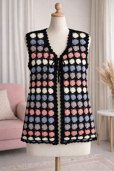 henaabag Çeyizlik el işi yelek, çiçek motifli tığ işi yelek