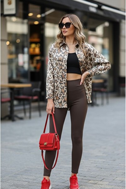 Polologin Butik Women's Brown Satin Star Patterned Oversize Shirt