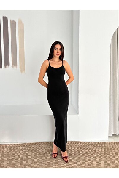 02Lady Fashion Liverpool Fabric Long Dress with Gathered Detail and Thin Straps