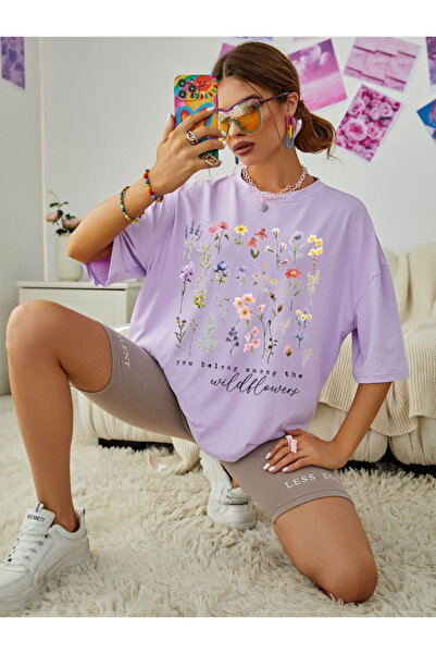 SUNFREE Flower Frame Printed Cotton Combed Short Sleeve Oversize Women's Tshirt