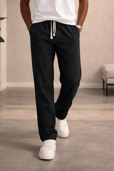 Edwox Men's Linen Look Cotton Trousers Black Cd159