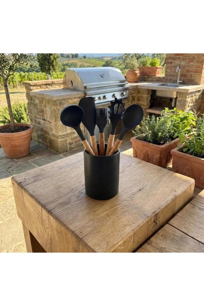 Tiran 5-Piece Colorful,Wooden Strappy Silicone Kitchen Serving Set-Flame-Resistant Non-Stick Ladle Spatula Spoon Brush