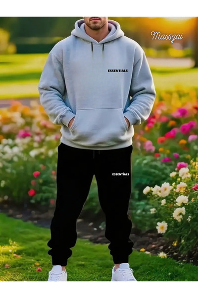 Massgai Unisex Essentials Design Printed Hooded Oversize Top and Bottom Set J...