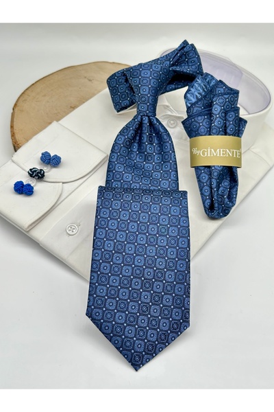 Gutiero Navy Blue Patterned Classic Tie with Handkerchief