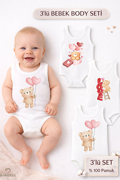 BABYDEN'S 3-Piece Baby Body Set 100% Cotton Teddy Bear Patterned Baby Bodysui...