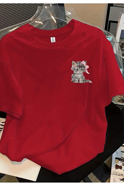 yombaa Μπλουζάκι με κοντά μανίκια, χαριτωμένο σχέδιο γάτας στο αριστερό μέρος...