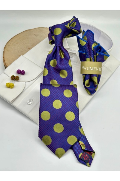 Gutiero Navy Blue Green Polka Dot Classic Tie with Handkerchief