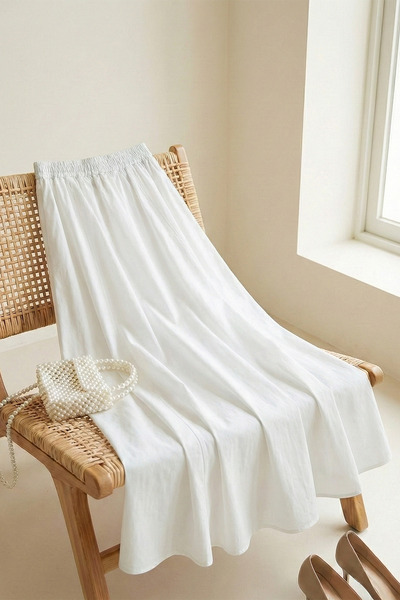 MODAQU Soft Poplin Flared Skirt with Pocket Detail – White