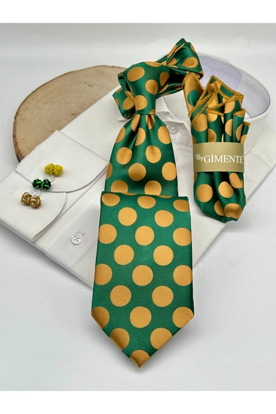 Gutiero Green Polka Dot Classic Tie with Handkerchief