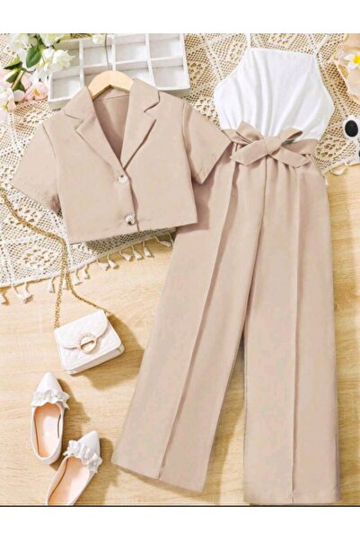 kendii modamm Kız Çocuk Şık ceket Pantolon Takımı – Kuşaklı Yüksek Bel – 6-16...