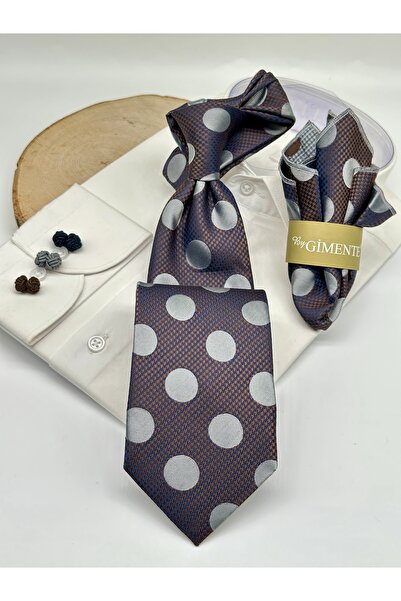 Gutiero Cravată clasică cu batistă maro cu buline