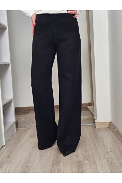 Felix Butik FELİX14471 Bel Lastikli Bol Paça Siyah Triko Pantolon