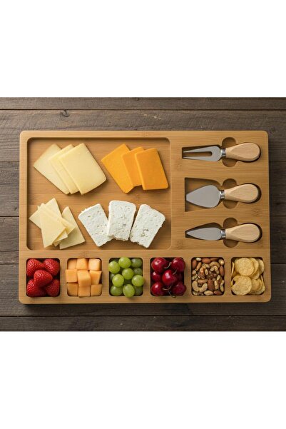 BAROTTİ Ahşap Peynir Servis Tabağı 6+1 Bölmeli – 3’lü Peynir Bıçağı Seti Şark...