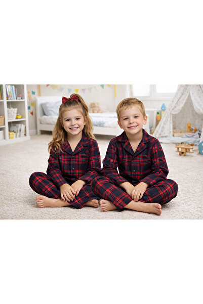 zahider Girls and Boys Plaid Pattern Cotton Efil Efil Buttoned Pajama Set